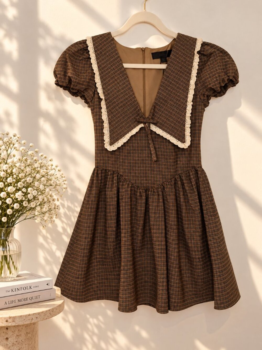 ZARA Brown Check Lace Collar Puff Sleeve Mini Dress Size M NWT